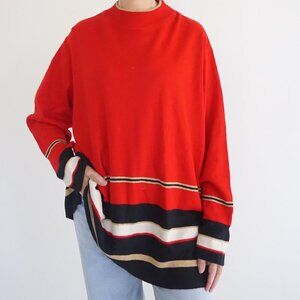 Vintage Karen Lessly Red Knit Stripe Hem Crewneck Collegiate Grandpa Sweater L